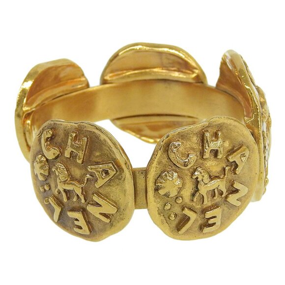 CHANEL CC Logos Leo Lion Cuff Bangle Bracelet 6.3" Gold Tone 23 Auth - Picture 1 of 6